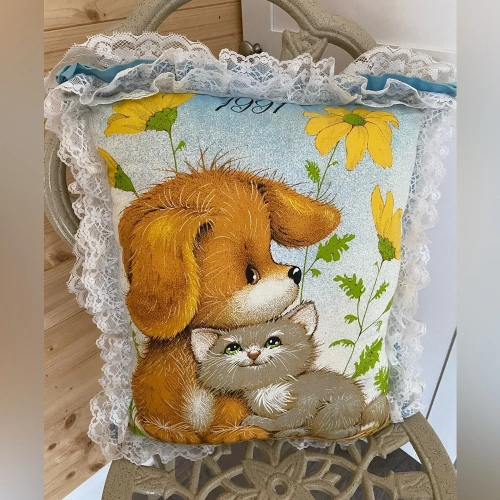 Vintage 1991 Handmade Ruffled Laced Puppy Kitten Calendar Tea Towels Pillow Home